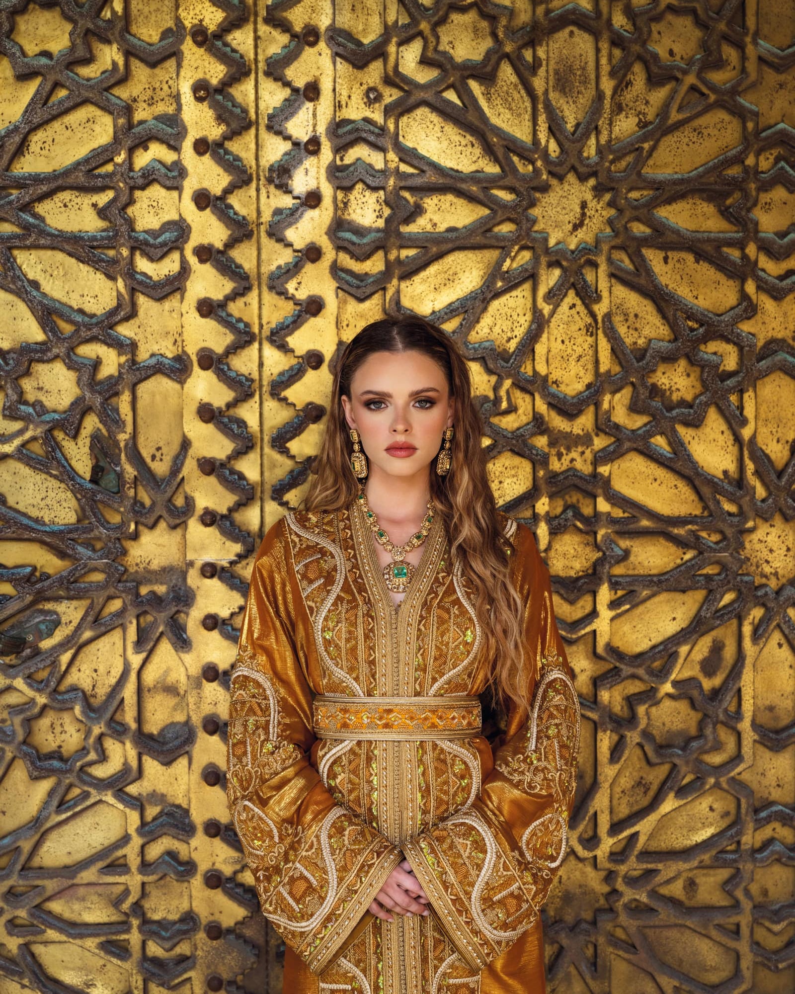 Amber Gate Moroccan kaftan with copper satin sheen and gold embroidery