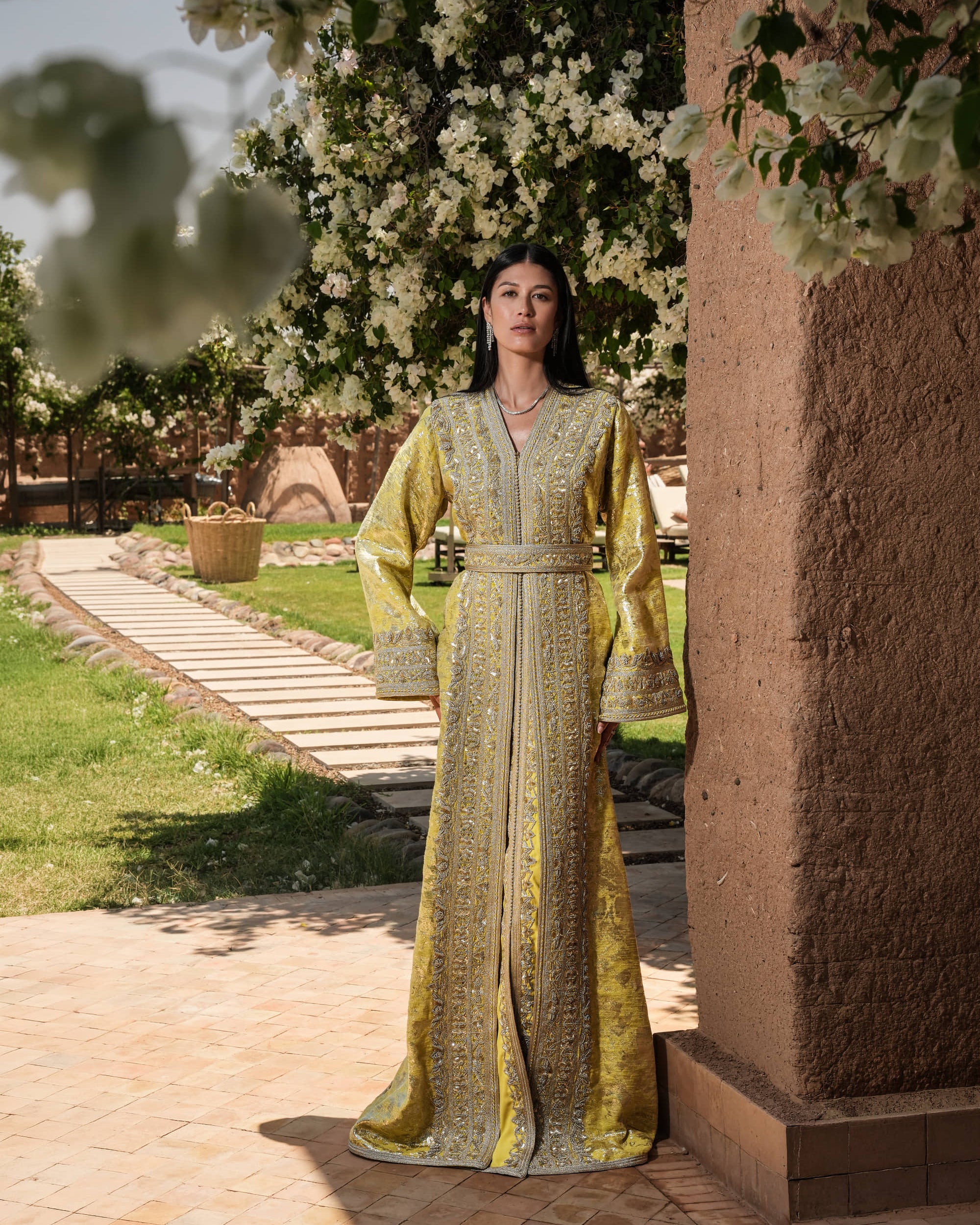 Citron Prelude anise yellow brocade lamé Moroccan kaftan with silver embroidery