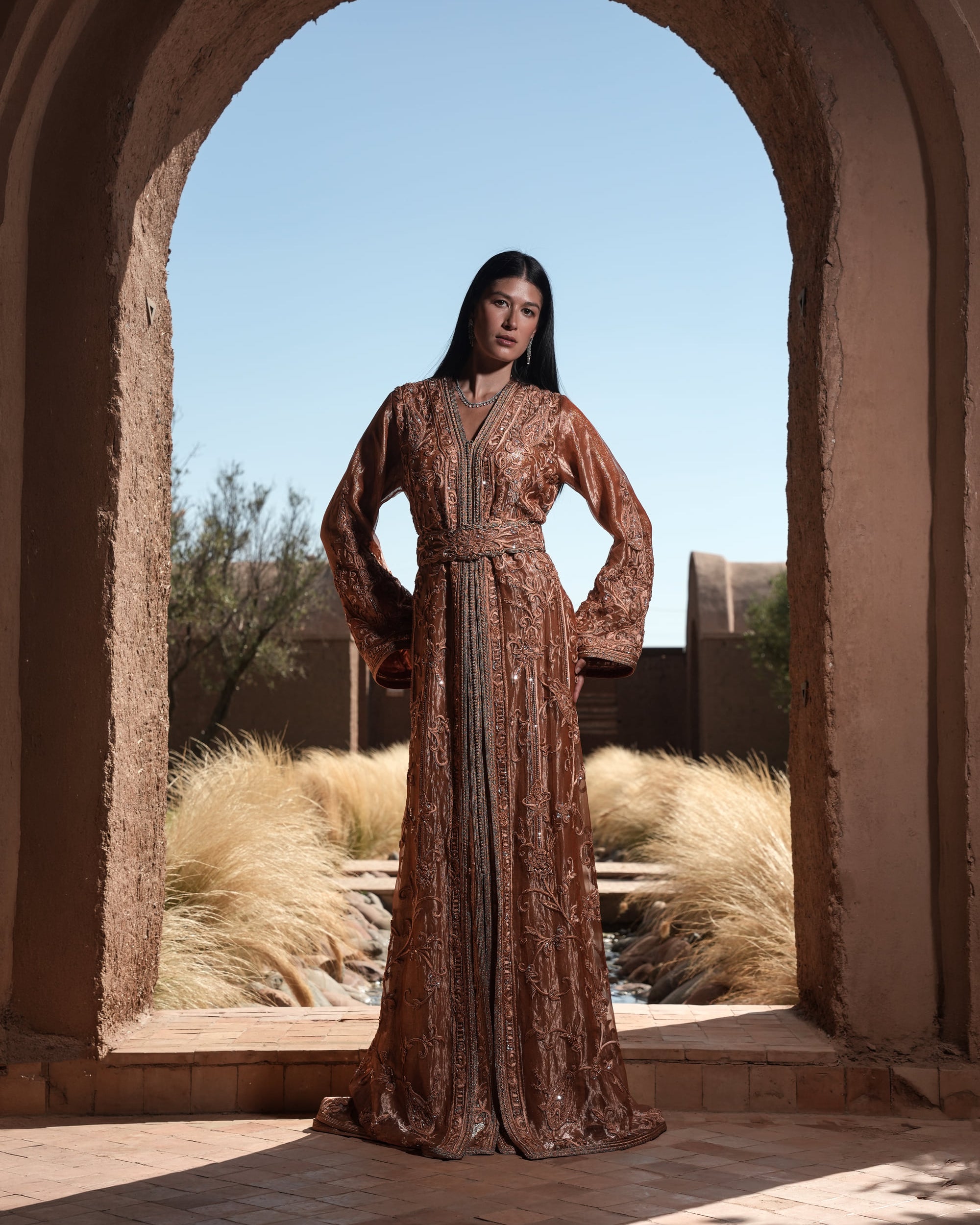 Copper Solstice devoré copper velvet Moroccan kaftan with tone-on-tone embroidery, full-length view