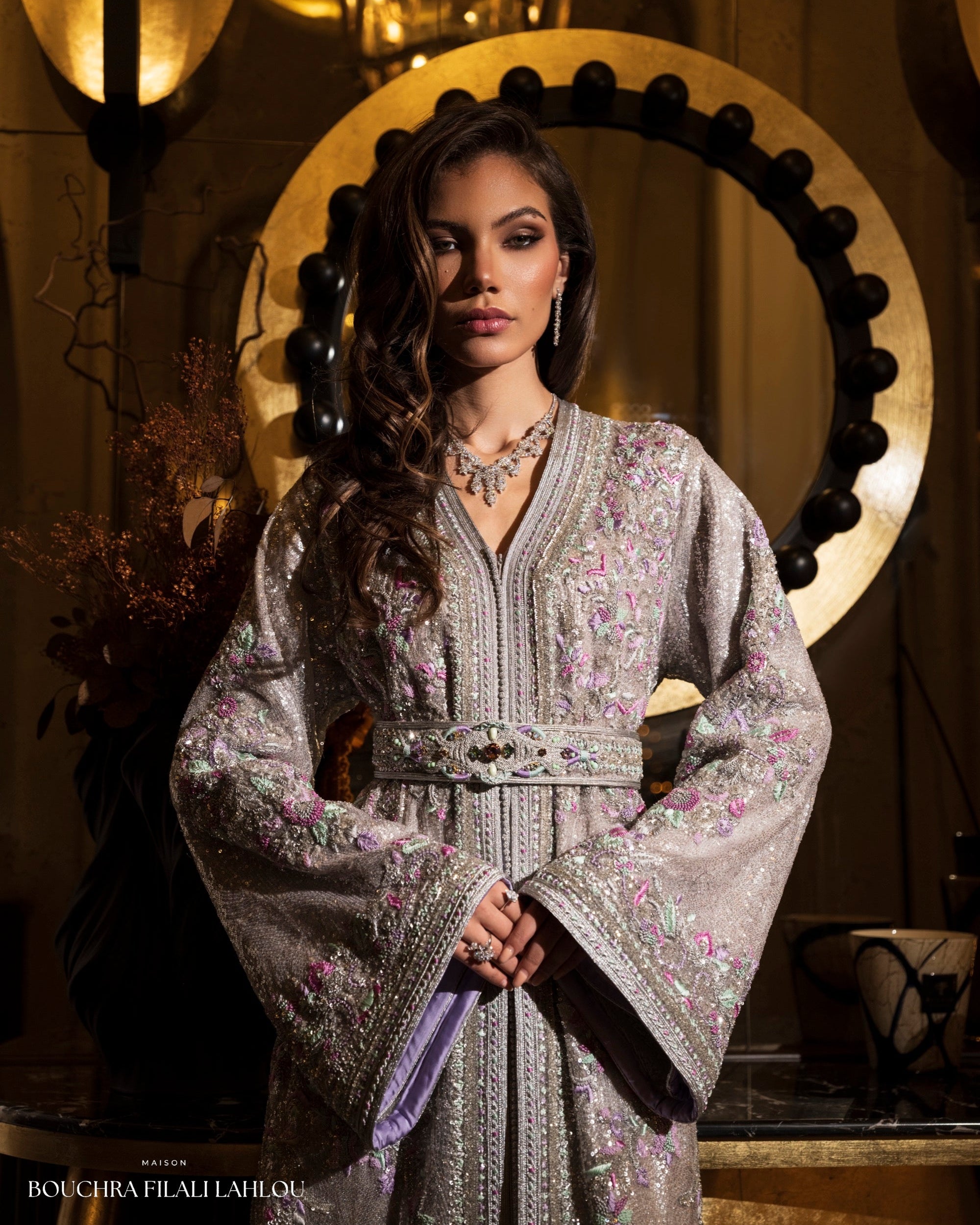 Silver Lilac Moroccan kaftan with pastel floral embroidery and belted waist