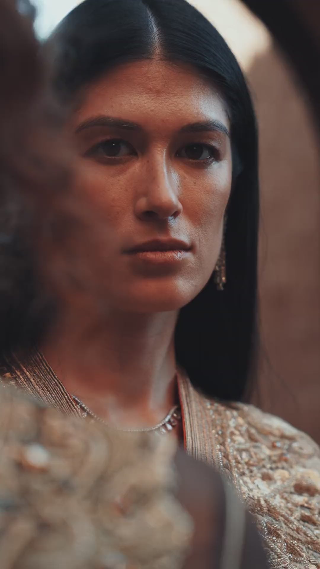 Alabaster Aria quilted ivory brocade Moroccan kaftan with gold sequin embroidery and belted waist, in motion