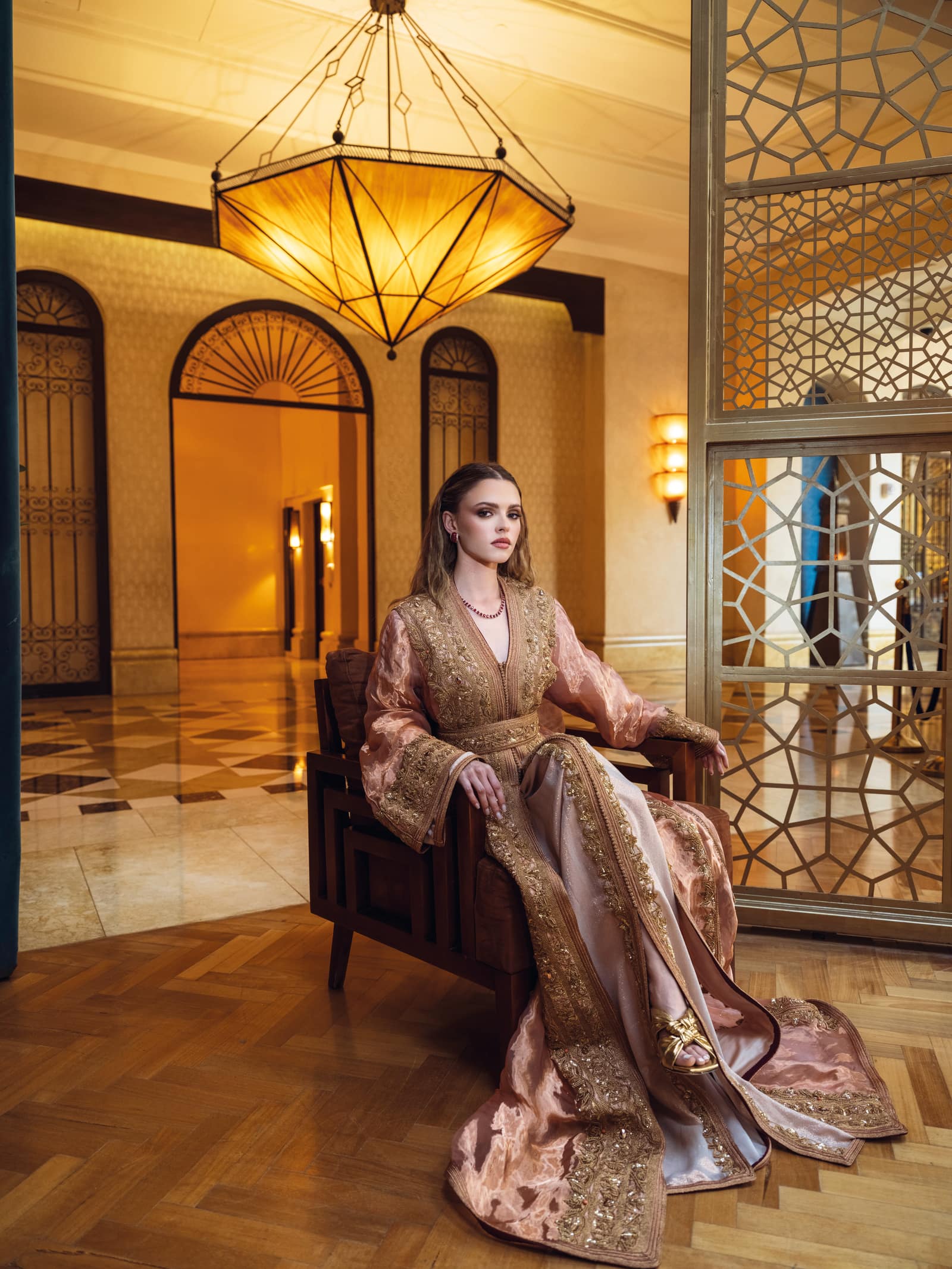 Rose gold Moroccan kaftan with soft embroidery and seated bridal silhouette