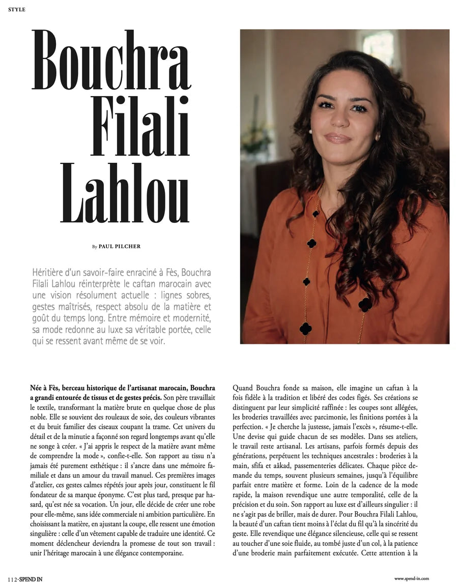 SPEND IN magazine page featuring Bouchra Filali Lahlou with portrait and Moroccan caftan article